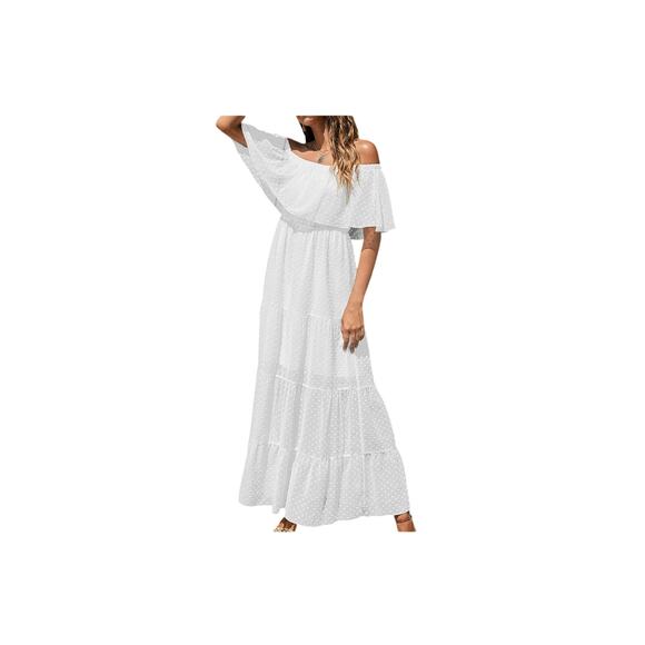 KIRUNDO  NWT Summer Off Shoulder Maxi Dresses Swiss Dot Short Sleeve medium - Picture 2 of 10